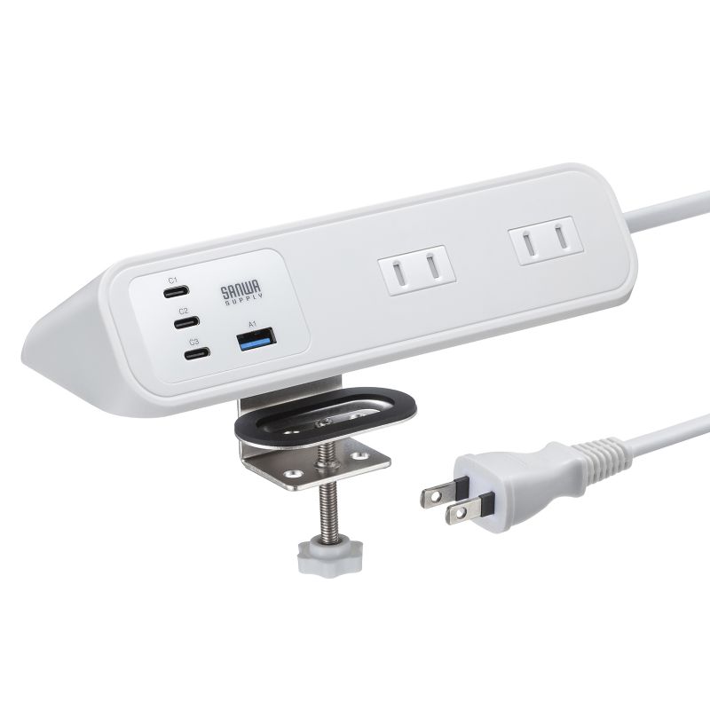 サンワサプライ クランプ固定式タップ（AC4個口＋USB-C×3＋USB-A×1・PD65W・2m・ホワイト） TAP-B114UC-2W [TAPB114UC2W]