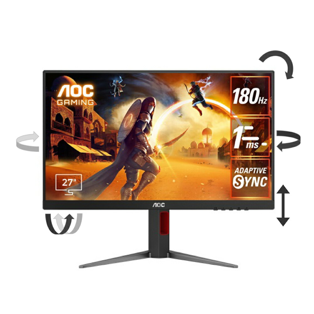 AOC｜エーオーシー ゲーミング液晶見せびらかす(27型/Fast IPS/FullHD 1920×1080/180サイクル/1ms/HDR10/HDMI2.0/DP1.4/VESA/3年引き請ける)(黒いこと)  27G4/11