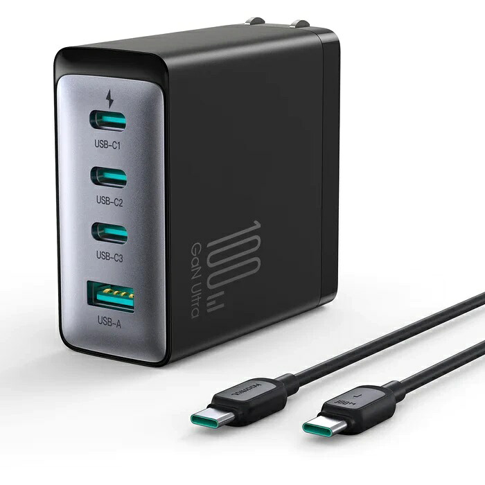 JOYROOM（ジョイルーム） 100W GaN 急速充電器 PD対応 4ポート(Type-C×3/USB-A) ACアダプター USB-Cケーブル付属 JR-TCG04
