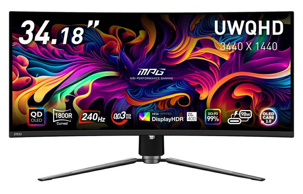 MSI｜エムエスアイ ゲーミング液晶見せびらかす(34.18型/曲面型/QD-OLED/UWQHD 3440×1440/240サイクル/0.03ms/HDR400/HDMI2.1/DP1.4a/USB TYPE-C/VESA/PIP・PBP相応う/3年引きうける)(黒いこと)  MPG-341CQPX-QD-OLED