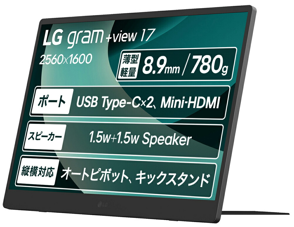 LG電子工学｜エルジー 移動性液晶見せびらかす(17型/IPS/WQXGA 2560×1600/60サイクル/30ms/MiniHDMI/USB Type-C/3年引きうける) gram ＋view 17MT70