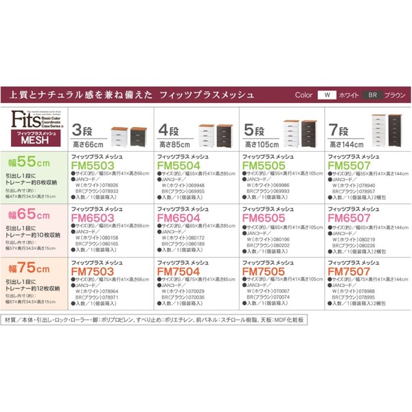 FM5504 WH(MESH) 天馬 フィッツプラスメッシュ 幅55cm 4段（ホワイト） テンマ Fits 幅55×奥行41×高さ85cm チェスト・タンス  完成品 [FM5504WHMESH] 収納家具