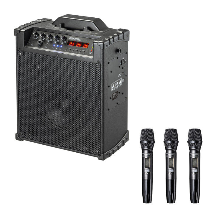 ワイヤレスマイク付き拡声器スピーカー(バッテリー内蔵・ワイヤレスマイク3本対応)[SAN]｜ジットストア