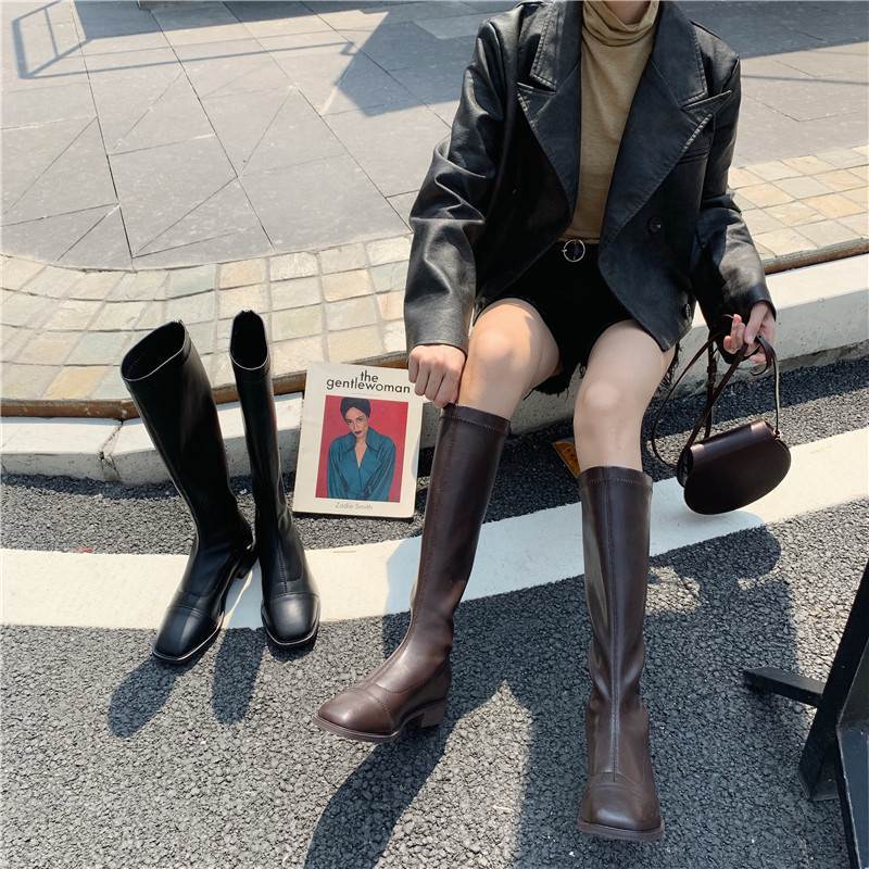 太踵 スクエアトゥ ロングブーツ ブーツ シューズ 靴 くつ クツ 3糎踵 チャンキーヒール 置き目踵 PU 歩き分かりやすい 履き分かりやすい 愛くるしげ 成年者好いたらしい 分かりやすい 心地よい 成年者 おしゃ