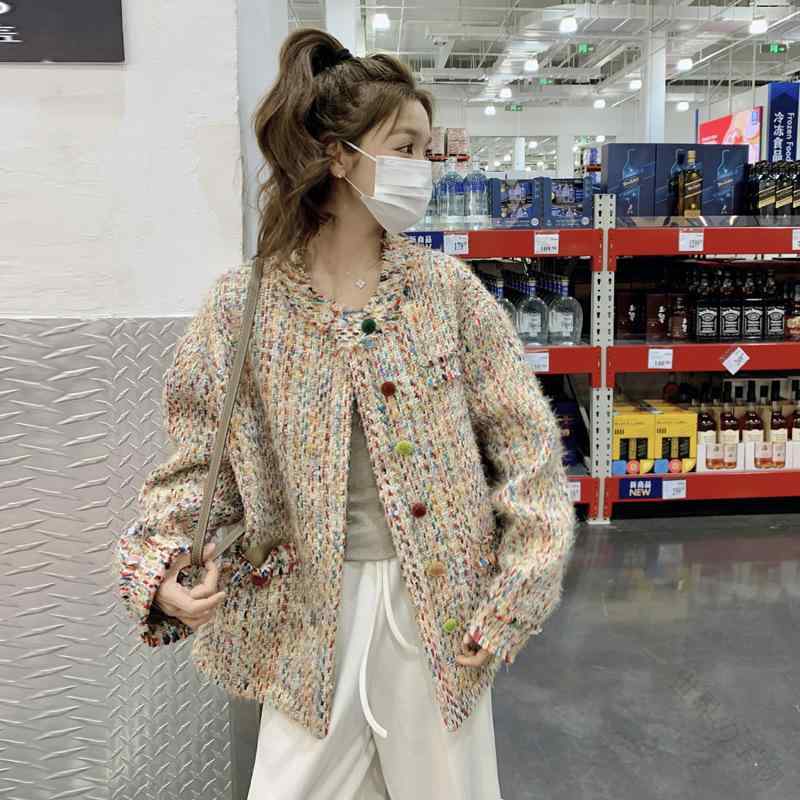 レディース 春物 上衣 ツィード アウター 長袖 粗 tweed お上さん服 ゆったり 派手 入り合わせる色合い 成年者 愛くるしげ 雅びやか 韓国風