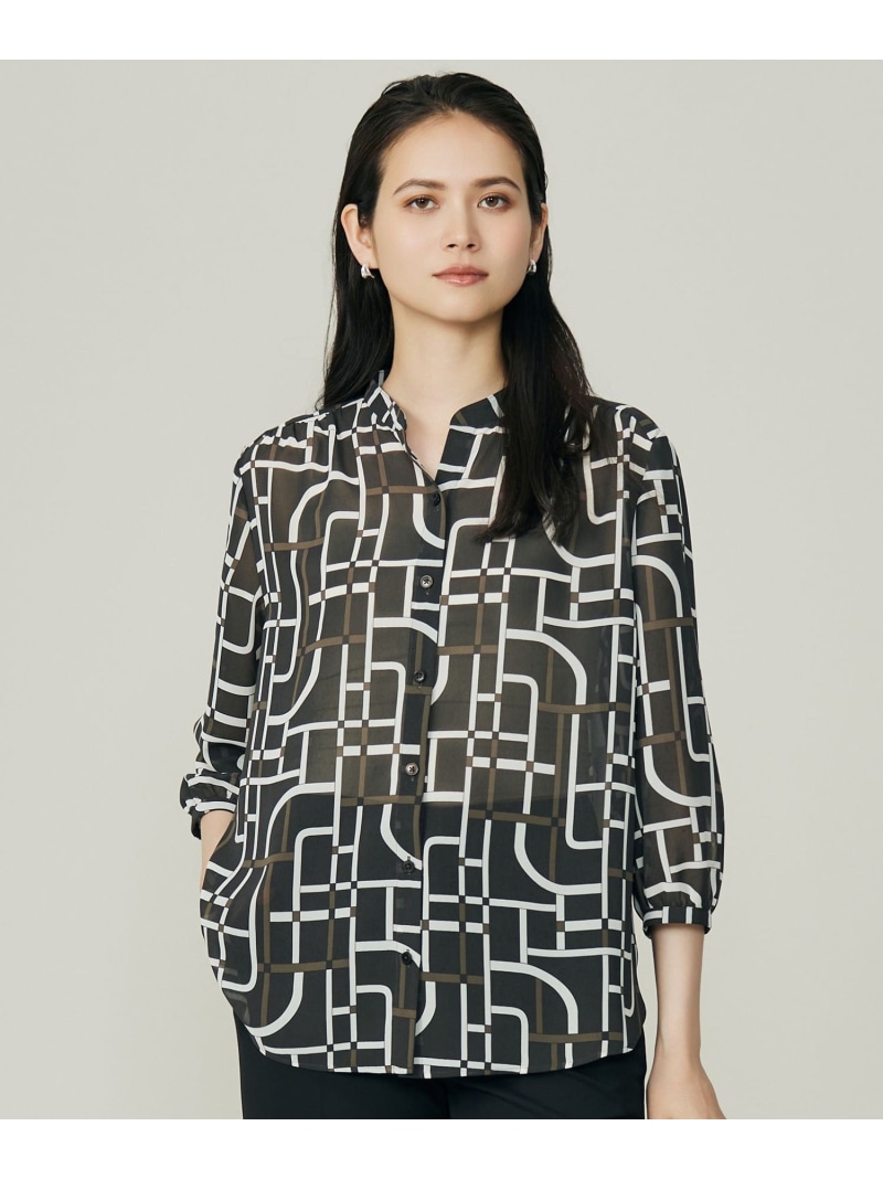 【SALE／30%OFF】ジオメトリックレトロプリント ブラウス 自由区 ジユウク トップス シャツ・ブラウス ベージュ グレー【RBA_E】【送料無料】[ Fashion]