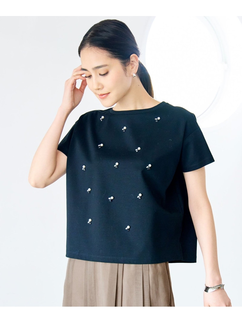 【SALE／30%OFF】【きれい目カジュアル・顔まわり華やか】ビジュー Tシャツ 自由区 L ジユウク トップス カットソー・Tシャツ ブラック ホワイト ブラウン【RBA_E】【送料無料】[ Fashion]｜自由区