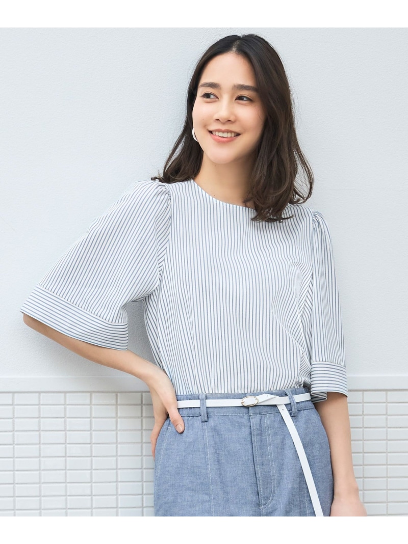 【SALE／30%OFF】【接触冷感・UVカット・洗える】ストライプコットンハイゲージフレアスリーブ カットソー 自由区 L ジユウク トップス カットソー・Tシャツ ホワイト【RBA_E】【送料無料】[ Fashion]｜自由区