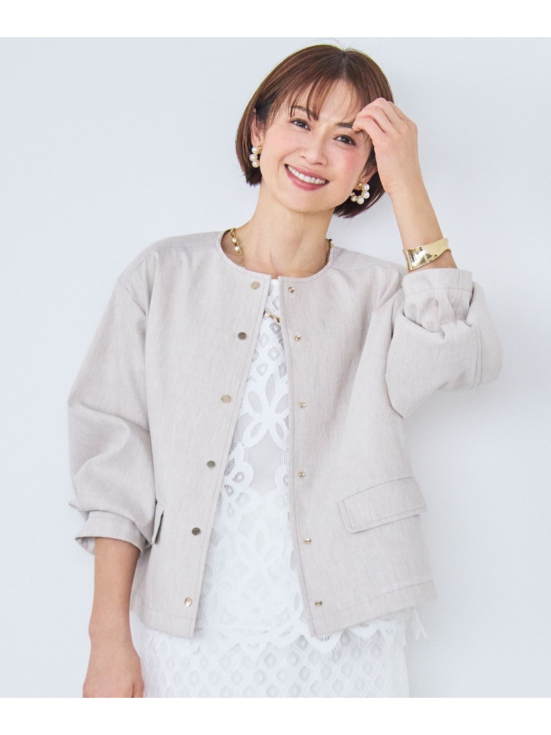 【SALE／40%OFF】【カタログ掲載・セットアップ対応】リネンストレッチノーカラー ジャケット 自由区 L ジユウク ジャケット・アウター ノーカラージャケット カーキグリーン ホワイト【RBA_E】【送料無料】[ Fashion]｜自由区