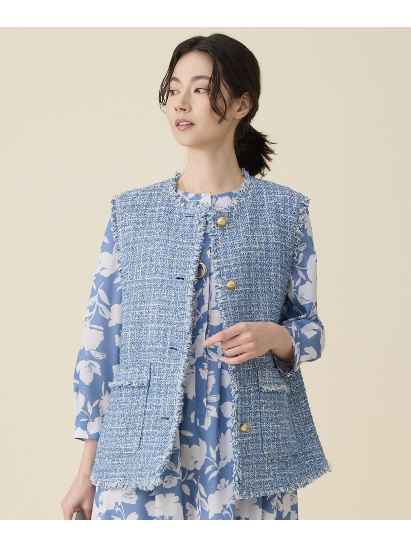 ファンシーノットツイード ジレ 自由区 S ジユウク トップス ベスト・ジレ ベージュ ブルー【送料無料】[ Fashion]｜自由区