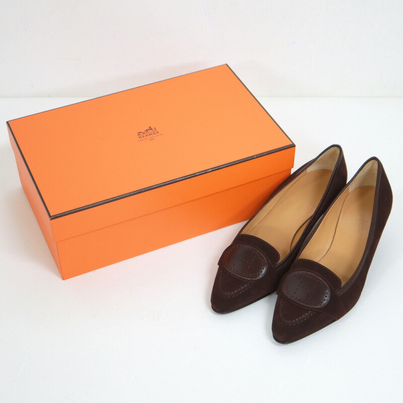 【中古】HERMES エルメス パンプス Hロゴパンチング ダークブラウン スエード×レザー 35.5|JJcollection