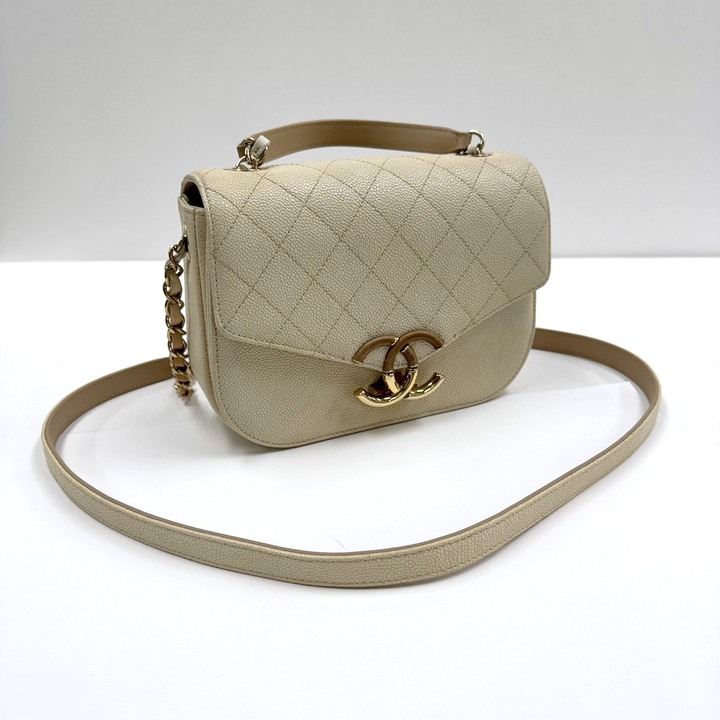 【中古】CHANEL シャネル ココマーク・トップハンドル 2WAY御徒面子 キャビアひと肌 象牙色 A93659 25番台~8桁