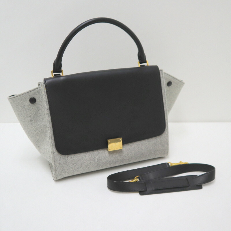 【中古】CELINE トラペーズ ハンドバック なめし革×フェルト 黒いこと×薄墨色×ゴールド金具