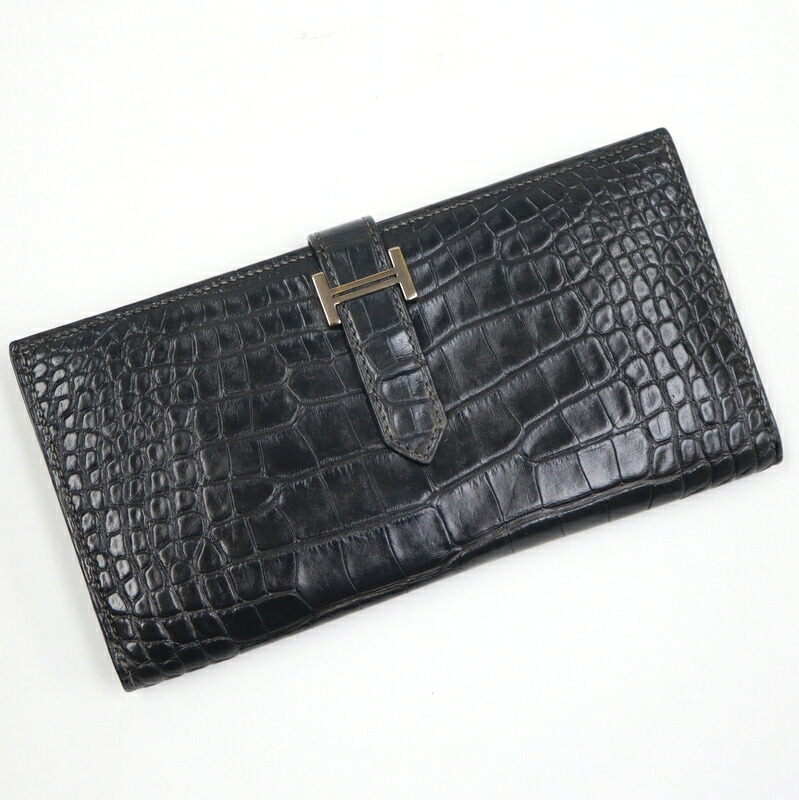 【中古】HERMES エルメス ベアンスフレ 二つ折り長財布 アリゲーター グレー D刻印 2019年