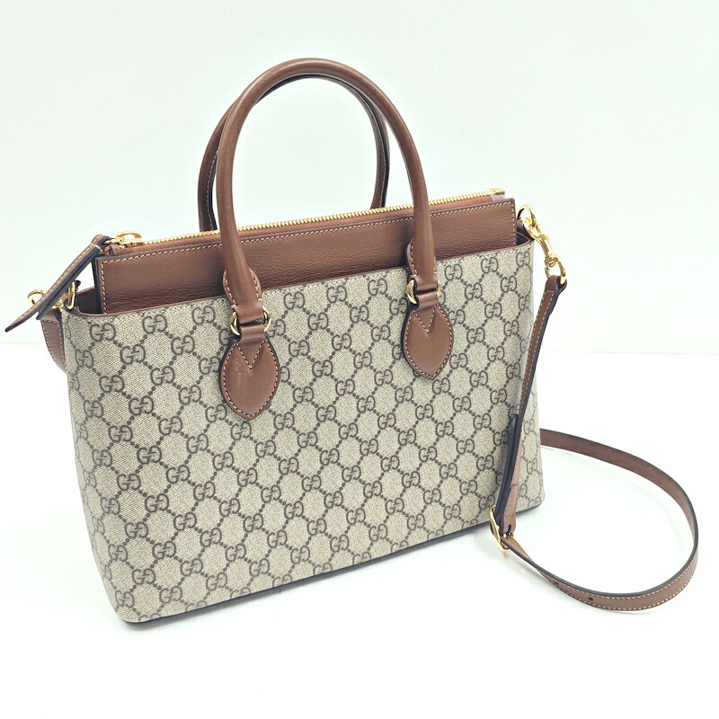 【中古】GUCCI グッチ 2WAYショルダーバッグ GGスプリーム×なめし革 カーキ×赤銅色 779768