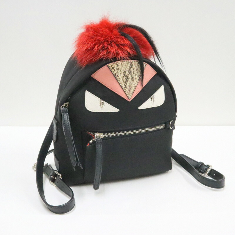【中古】FENDI フェンディ モンスター バグズ リュック ブラック×レッド ナイロン 8BZ038