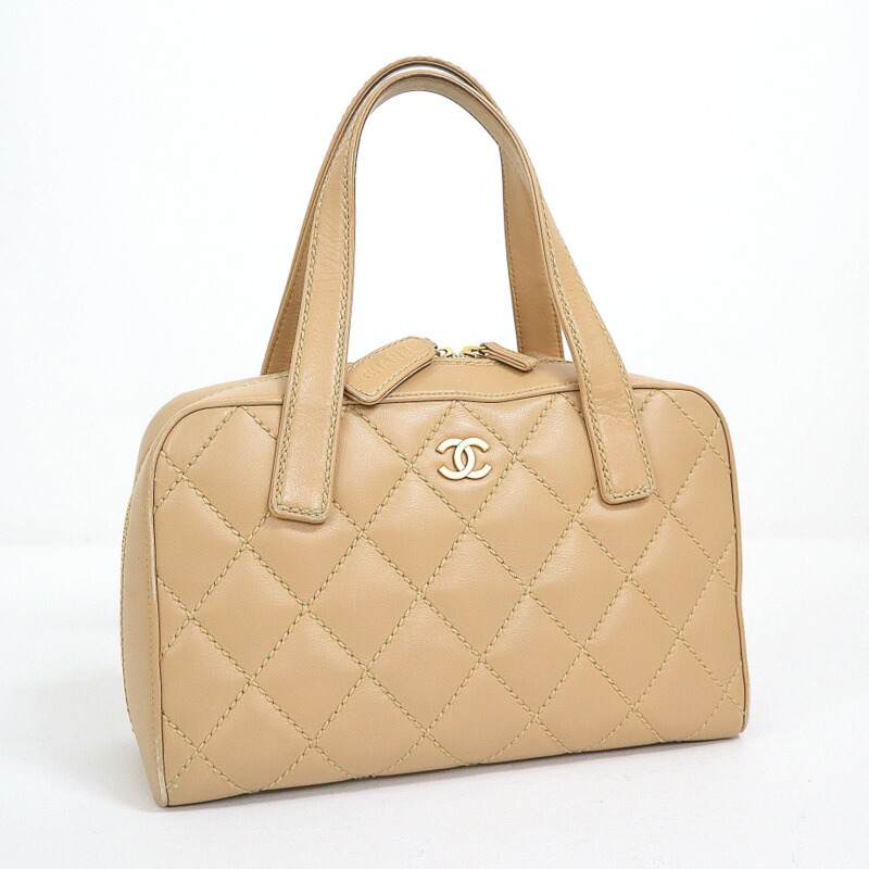 【中古】CHANEL シャネル ミニボストンバッグ ワイルドステッチ なめし革 赤銅色ベージュ×ゴールド金具 A18121 ハンドバッグ-バッグ・小物・ブランド雑貨