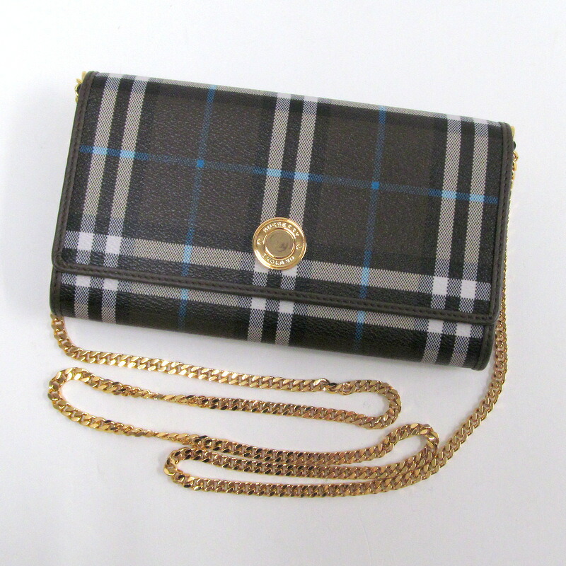 【中古】BURBERRY バーバリー チェーンウォレット ノバチェック 帆布×なめし革 うす暗い赤銅色
