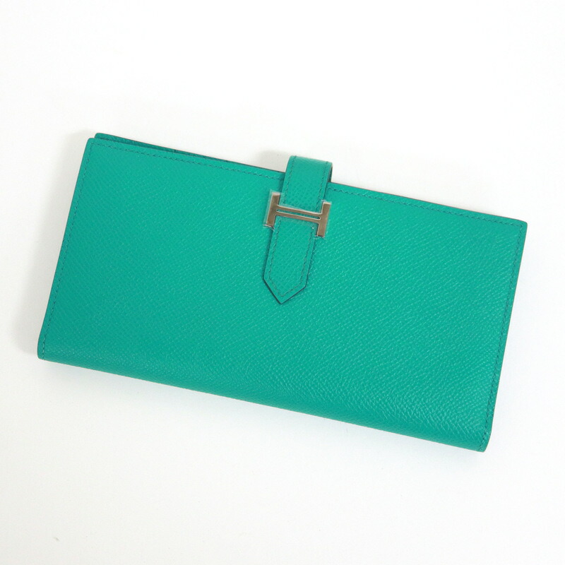 【中古】HERMES エルメス ベアンスフレ 2つ折り長財布 エプソン ヴェールジェイド×シルバー金具 B刻印