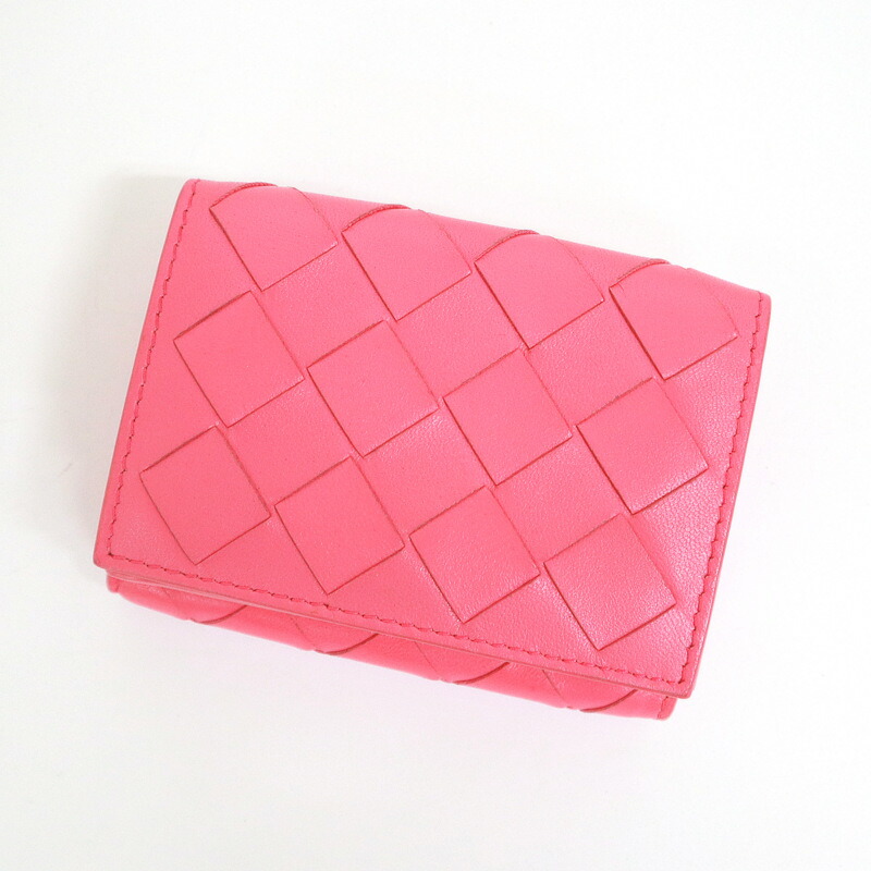 【中古】BOTTEGA VENETA ボッテガヴェネタ 3つ折り財布 イントレチャート ラムスキン ピンク