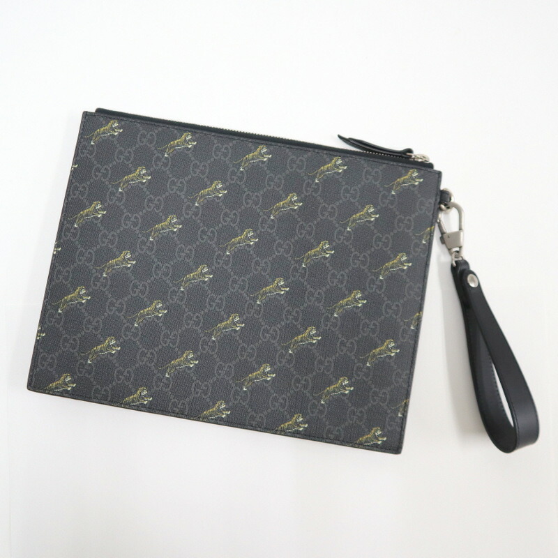 【中古】GUCCI グッチ クラッチバッグ タイガー×GGスプリーム ブラック PVC×レザー 575136