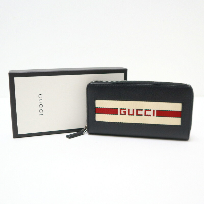【中古】GUCCI グッチ ラウンドジッパー長紙入れ 黒いこと×白いこと なめし革×帆布 408831
