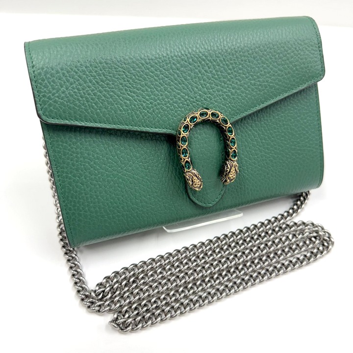 【中古】GUCCI グッチ ディオニソス チェーンウォレット レザー グリーン×シルバー金具 401231