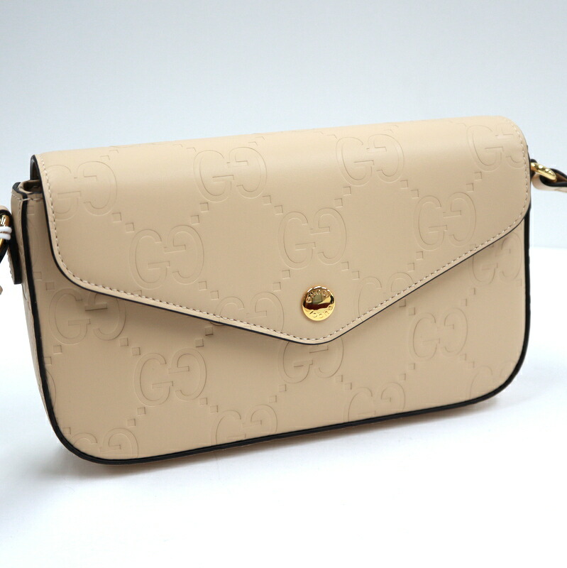 【中古】GUCCI グッチ 百貨店ミニ・ショルダーバッグ ビッグGG なめし革 ベージュ×ゴールド金具 772794