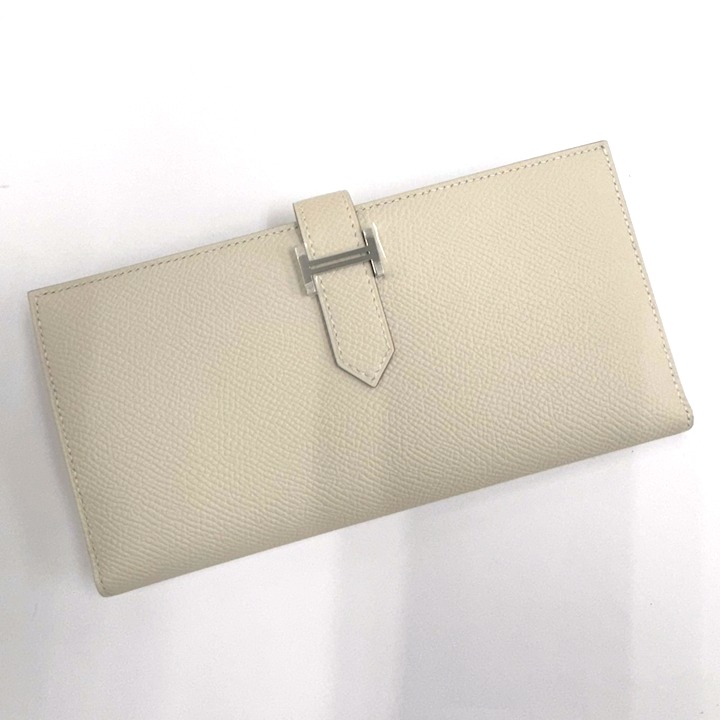 【中古】HERMES エルメス ベアンスフレ・ヴェルソ 2つ折り長がま口 クレ×ゴールド エプソン×しろがね色金具 B目じるし 財布・ケース-バッグ・小物・ブランド雑貨