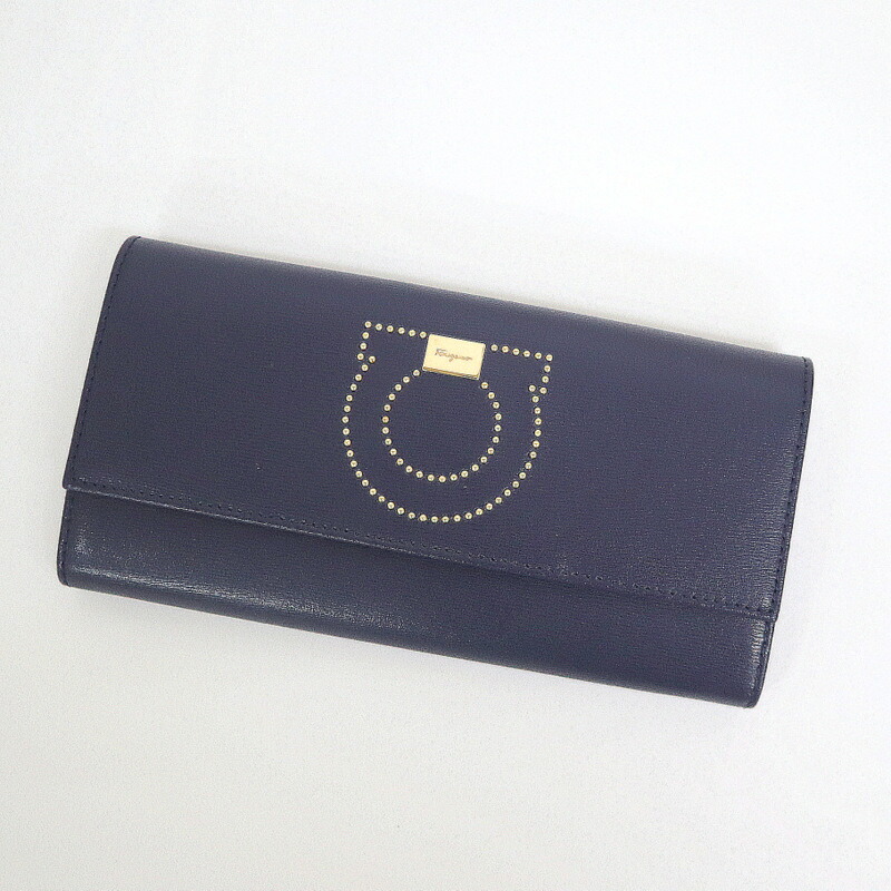【中古】S.Ferragamo サルヴァトーレフェラガモ 長財布 ガンチーニ ネイビー×ピンク レザー