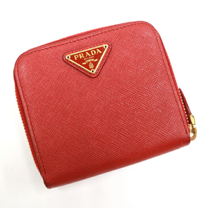【中古】PRADA プラダ 2つ折り財布 ラウンドファスナー 三角ロゴプレート サフィアーノ・レザー レッド×ゴールド金具 1ML522