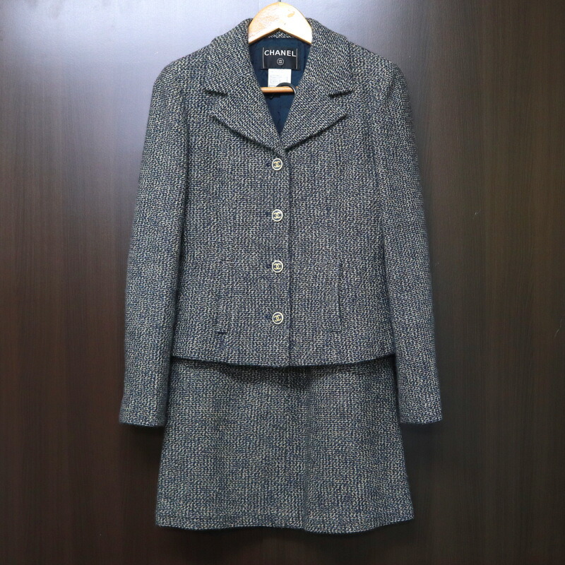 【中古】CHANEL シャネル ツィード･スコート背広 《上衣P18599･スコートP18563》薄墨色×米国海軍 01A #36