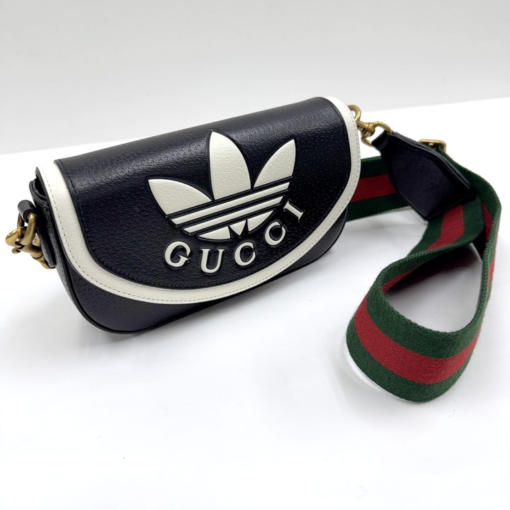 【中古】GUCCI×adidas グッチ×アディダス ショルダーバッグ 黒いこと×白いこと なめし革 727791
