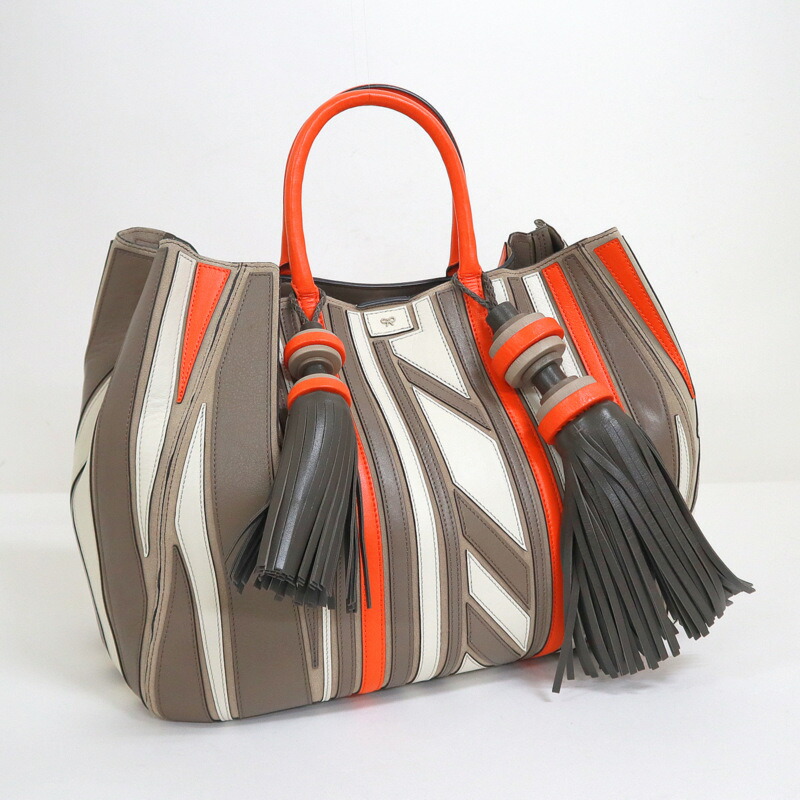 【中古】ANYA HINDMARCH アニヤハインドマーチ クレイジー・マキシ ベルヴェデーレ トートバッグ グレー×オレンジ レザー