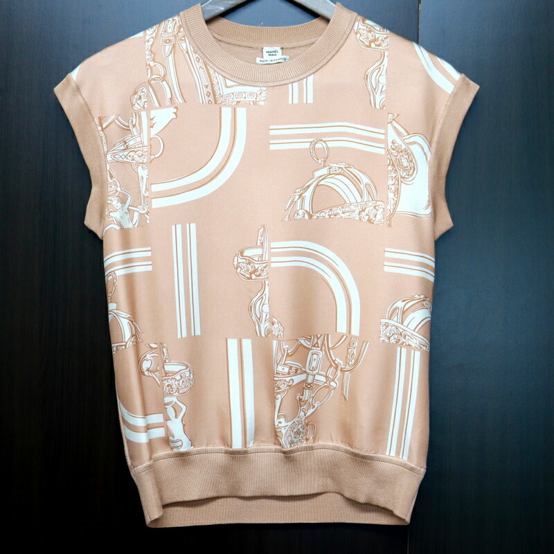 【中古】HERMES エルメス ツイルレーヌノースリーブニット En Desordre Finesse ROSE Pierre 絹 サクラ色 #34 4E2189DQ 2024SS