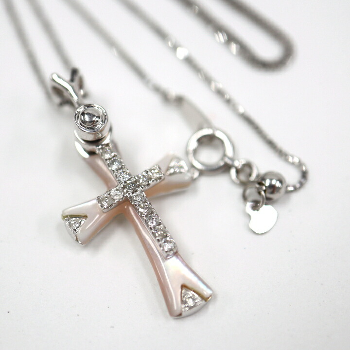【中古】Jewelry K18WG シェル ダイヤモンド クロス ネックレス D:0.014ct 4.1g|JJcollection