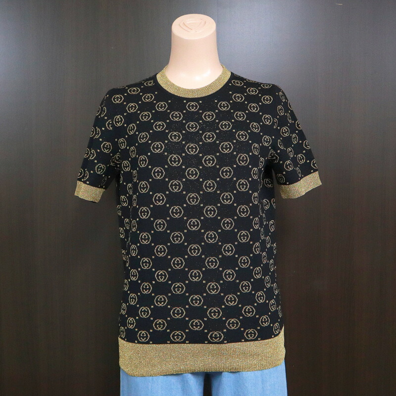 【中古】GUCCI グッチ トップス GGコットンラメ 半袖 ブラック×ゴールド #M