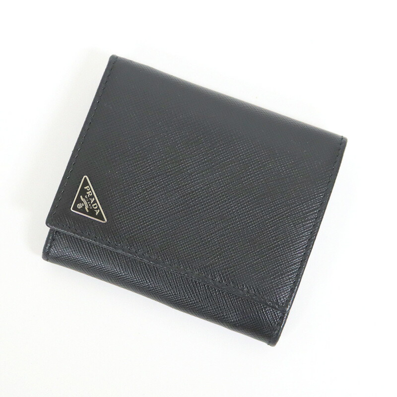 【中古】PRADA 二つ折り財布 サフィアーノレザー ブラック×シルバー金具 2MO005