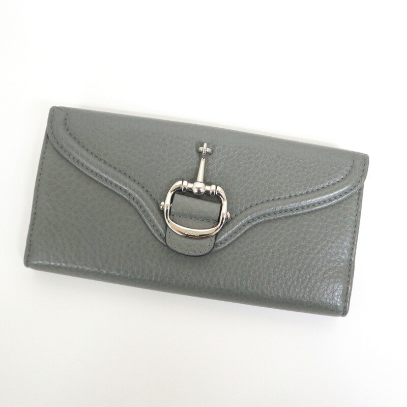 【中古】GUCCI グッチ 導管ビット W引っかかり 長紙入れ なめし革 モス薄墨色×しろがね色金具 240430