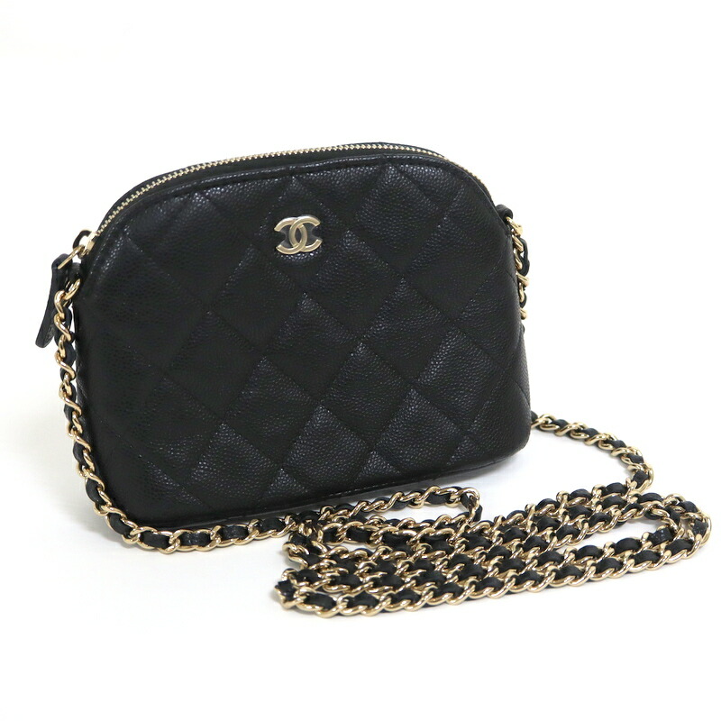 【中古】CHANEL シャネル チェーン店合切袋 マトラッセ 黒いこと×ゴールド金具 キャビアひと肌 AP4000
