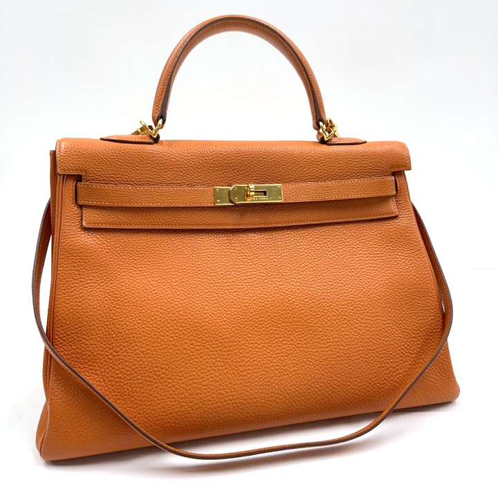 【中古】HERMES エルメス ケリー35 内縫い 2WAYバッグ トゴ オレンジ×ゴールド金具 □H刻 2004年