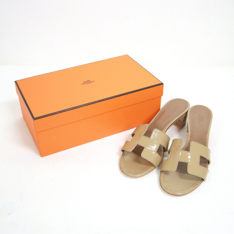 【中古】HERMES エルメス オアジス・サンダル ベージュ・サーブル パテントレザー #37.5