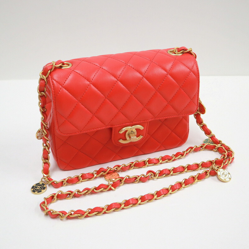 【中古】CHANEL シャネル ミニマトラッセ チェーンショルダーバッグ ココマーク×6Pチャーム ラムスキン レッド AS3737
