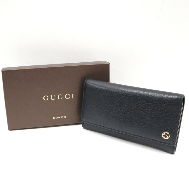 【中古】GUCCI グッチ 二つ折り長紙入れ インターロッキングG なめし革 黒いこと×ゴールド金具 449279