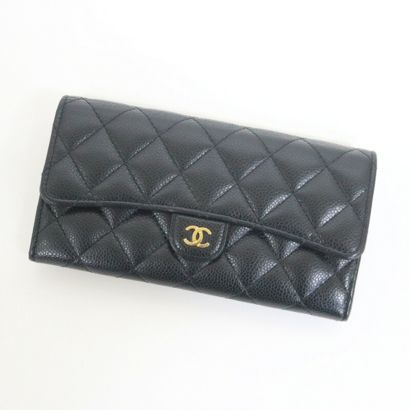 【中古】CHANEL シャネル キャビアスキン 二つ折り長財布 ブラック×ゴールド金具 AP0241