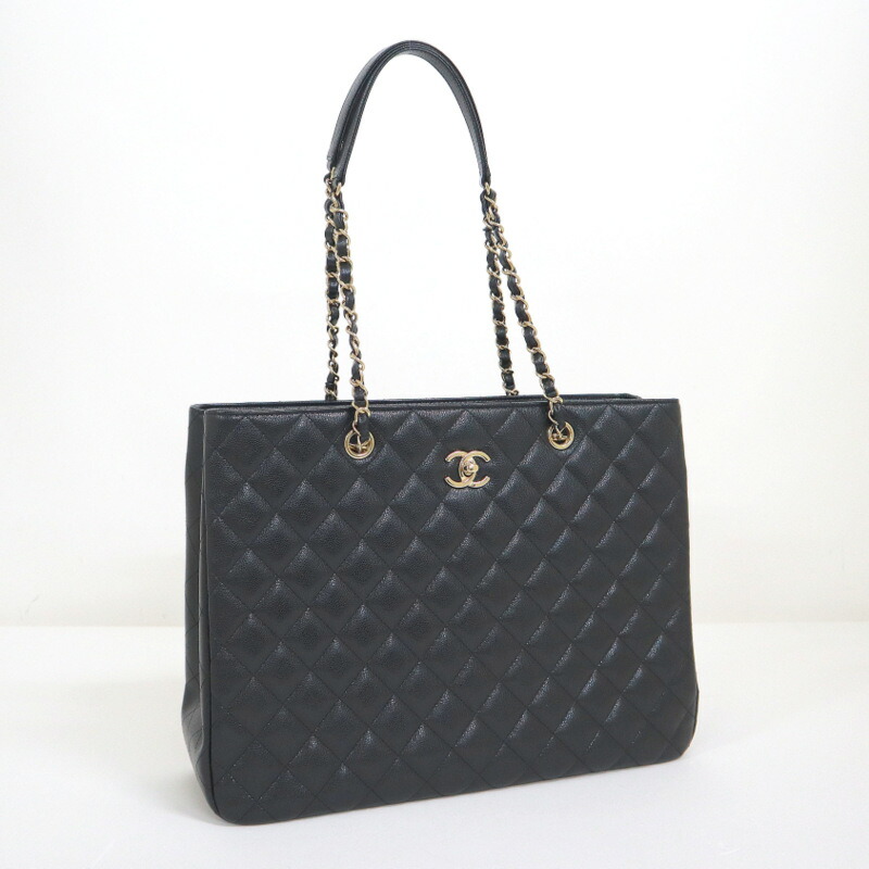【中古】CHANEL シャネル ラージショッピングトート キャビア素はだ 黒いこと×ゴールド金具 A91046