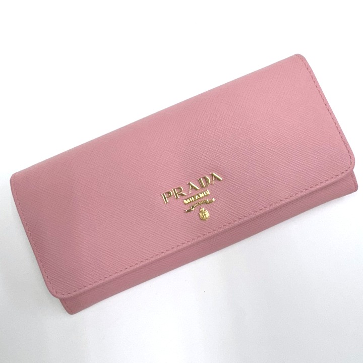 【中古】PRADA プラダ パスケース付 長財布 サフィアーノ レザー ピンク×ゴールド金具 1MH132