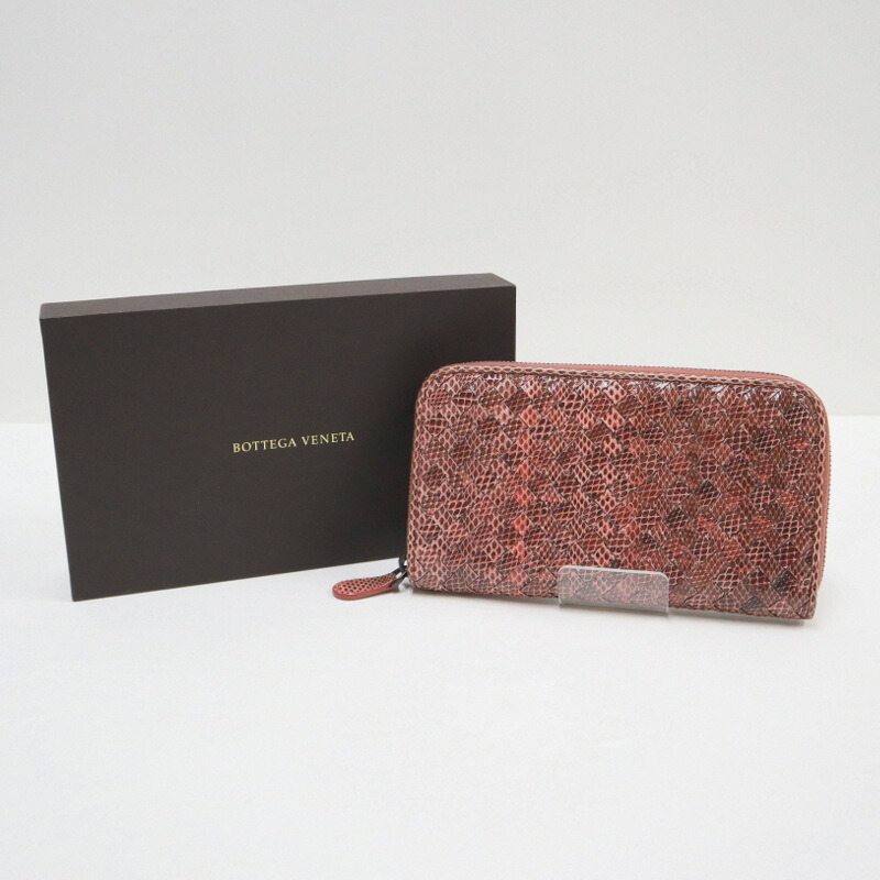 【中古】BOTTEGA VENETA ボッテガヴェネタ 長財布 イントレチャート リザード レザー ピンク×シルバー金具