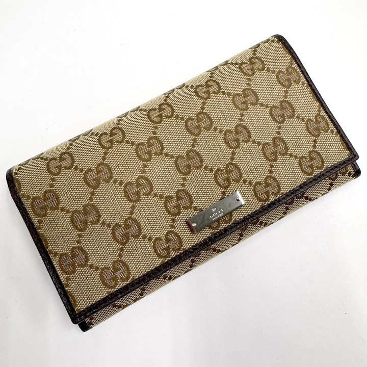 【中古】GUCCI 二つ折り長紙入れ 長紙入れ GG帆布×なめし革 ベージュ×赤銅色 244946