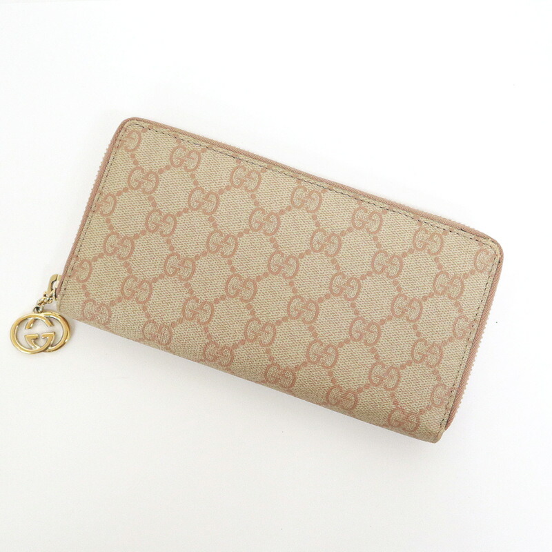 【中古】GUCCI グッチ ラウンドジッパー長紙入れ GGスプリーム 帆布 ベージュ×サクラ色 307982